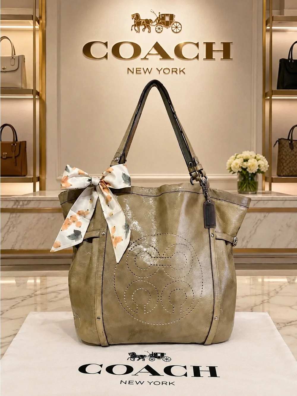 Coach. 3 Piece: Audrey Andie Cinched Tote Bag with Free Dust Bag and Bag Scarf. - Picture 1 of 16